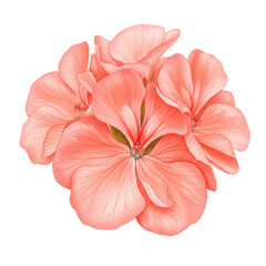 Delicate coral geranium blossom detailed watercolor illustration isolated on white background