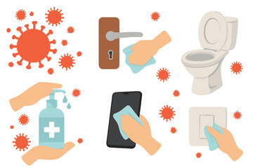 Coronavirus covid-19 virus protection and prevention tips. Hygiene infographic set. Disinfection icons. Hand cleaning door handle, phone, toilet, light switch with a wipe.