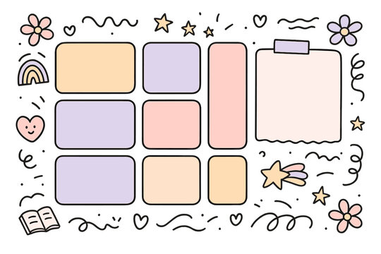 Cute weekly planner template with note paper. Hand drawn doodle school schedule for students. Kawaii organizer for journaling and scrapbooking. Timetable and to do list vector.