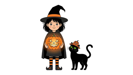 Halloween Charm: A whimsical illustration of a young witch holding a glowing pumpkin lantern, standing alongside a sleek black cat adorned with a miniature witch hat.