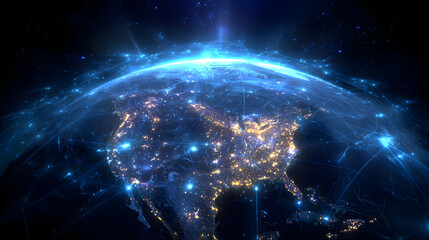 Global network connections illuminated over Asia and surrounding regions in a digital landscape