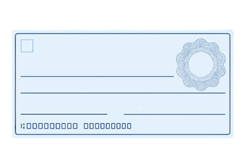 Blank bank check template vector. Blue business cheque design for payment. Financial document with guilloche pattern, rosette security element, and abstract watermark for voucher.