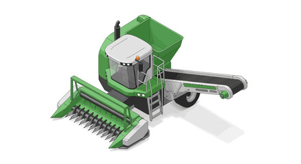 Isometric rendition of an agricultural harvester machine on a white background