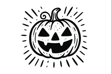 Hand drawn vector jack o lantern illustration. Spooky smiling pumpkin face graphic. Creep it real Halloween concept. Vintage retro woodcut linocut style art for a scary poster.