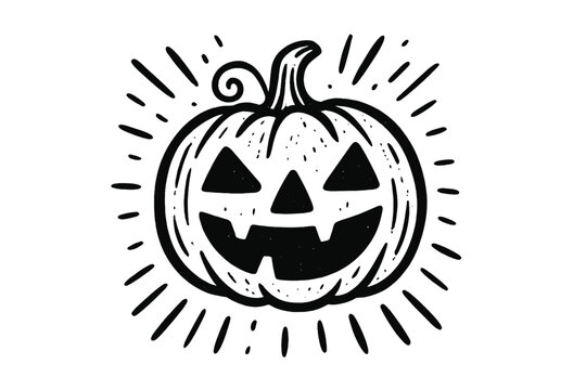 Hand drawn vector jack o lantern illustration. Spooky smiling pumpkin face graphic. Creep it real Halloween concept. Vintage retro woodcut linocut style art for a scary poster.