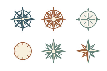 Set of various stylized compass roses in different designs and colors for navigation, travel, and adventure themes