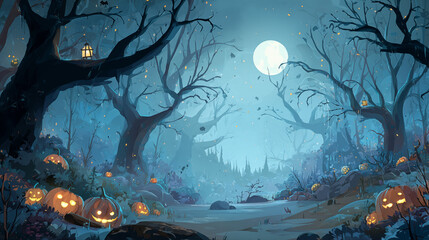 Spooky Halloween Background with Pumpkins and Full Moon