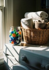 Laundry pods and fresh towels on a washing machine in sunlight.