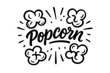 Popcorn hand drawn lettering logo. Calligraphy typography sign for cinema snack food. Popping corn vector illustration. Black and white graphic design sticker for print on pack.
