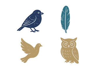 Fototapeta premium Stylized bird species collection with owl, sparrow, dove, and a feather, featuring a decorative textured graphic effect
