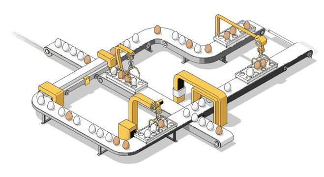 Modern egg production line with robotic arms and conveyor belt system