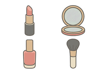 Collection of essential beauty products including lipstick, compact mirror, nail polish, and makeup brush