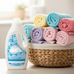 Laundry detergent and a basket of fresh colorful towels