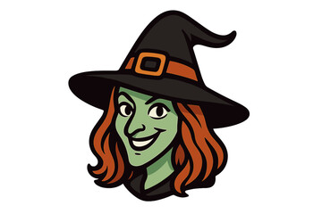 Queen of Halloween sign lettering. Vector illustration of a cute witch head in a hat. Halloween print, poster, invitation, or banner. Cartoon sorceress character mascot.