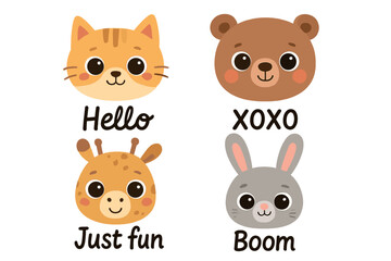 Set of cute cartoon animal faces with lettering quotes. Kawaii cat, bear, giraffe, rabbit heads. Vector illustration for nursery prints, kids t-shirt design, stickers.