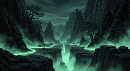 Eerie green glowing river winds through a dark rocky canyon landscape at night