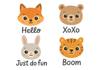 Cute cartoon animal faces set. Fox, bear, rabbit, tiger heads collection with lettering quotes. Hand drawn vector character illustration for kids, nursery decor, baby shower.