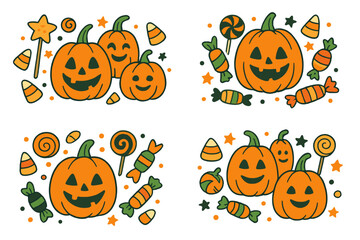 Cute Halloween jack o' lantern pumpkin and candy set. Hand drawn cartoon vector illustration for party, trick or treat. Spooky fun holiday design concept for banner or icon.