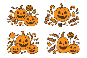 Halloween vector set with hand drawn jack o'lantern pumpkins and candy. Cute cartoon illustration collection for party invitation. Spooky trick or treat and autumn holiday design.