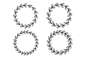 Set of hand drawn doodle floral wreaths and laurel circular frames. Botanical line art with leaf branches. Elegant minimalist sketch vector illustration for logo or invitation.