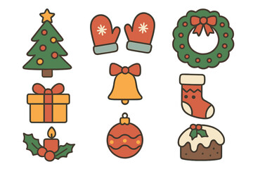 Christmas icon set. Holiday decoration elements. Modern flat hand drawn style vector collection. Xmas tree, mittens, wreath, gift box, bell, sock, bauble, candle, cake.
