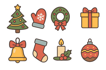 Christmas icons set vector illustration. Modern flat graphic design elements. Winter holiday and New Year symbols for decoration. Xmas collection with tree, gift, bell, wreath, stocking.