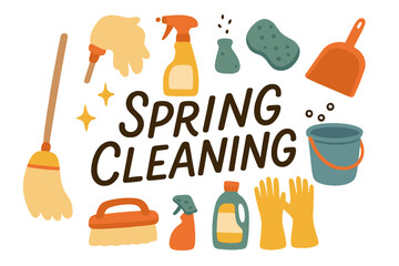 Spring Cleaning hand drawn lettering banner. House cleanup tools collection. Vector cartoon illustration set with broom, mop, detergent, spray, bucket. Household hygiene concept.