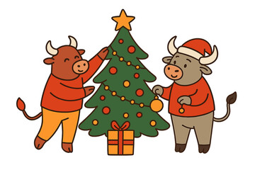 Two cute cartoon bulls decorate a Christmas tree. Festive ox characters celebrating winter holidays. Symbol of the year for New Year. Hand drawn flat vector postcard illustration.