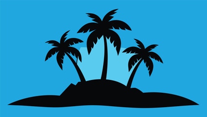 Tropical Island Silhouette with Palm Trees Against a Blue Sky Background