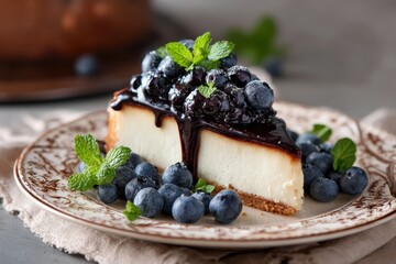 Elegant Cheesecake Slice with Blueberries and Fresh Mint on Beautiful Plate