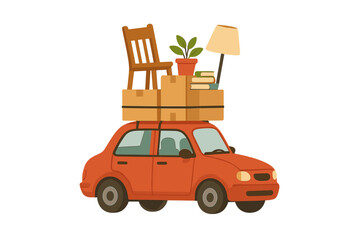 We are moving concept. Small red car loaded with boxes, furniture, a plant, and books. Relocation journey, transporting personal belongings to a new house. Vector illustration.