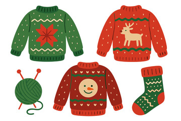 Vector set of cute ugly Christmas sweaters for a holiday party. Hand-drawn collection of knitted winter jumpers with snowman and reindeer. Red and green pullovers, sock, clew.