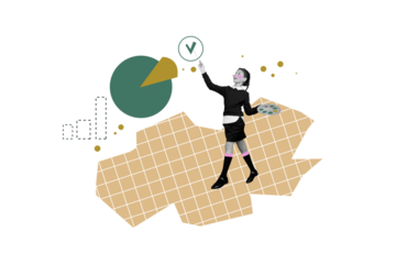 Creative collage image young schoolgirl hobby drawing painter tick complete done success infographic progress charts checkered background