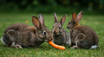 Fototapeta premium Three charming bunnies gather to share a bright orange carrot on a sunny green lawn, illustrating a moment of natural connection and simple, wholesome joy in the wild