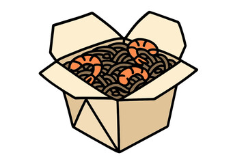 Wok box with shrimp and soba noodles. Traditional asian food for takeout and delivery. Chinese and Japanese cuisine concept. Fast food seafood meal in a carton package. Flat vector.