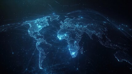 Obraz premium Abstract digital map of world with glowing connection points on dark background