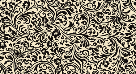 Floral swirls, black on beige pattern © AJI T