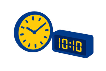 Classic yellow and blue analog clock face next to a modern digital alarm clock displaying the time on a white background