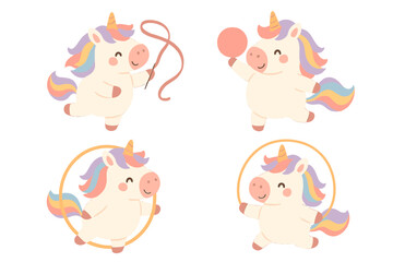 Obraz premium Set of cute baby unicorns doing rhythmic gymnastics. Cartoon pony characters with ribbon, ball, and hoop. Adorable mascot collection for kids sport or fantasy animal theme.