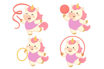 Obraz premium Set of cute unicorns in rhythmic gymnastics. Cartoon baby pony characters doing sports with ribbon, ball, hoop, skipping rope. Adorable kids mascot collection. Vector illustration.