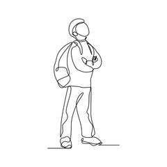 Continuous line drawing of little boy man walking on the street. Concept of student person with bag go to school. Vector illustration