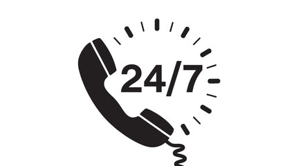 Vector art of 247 phone support icon with a handset and radiating lines