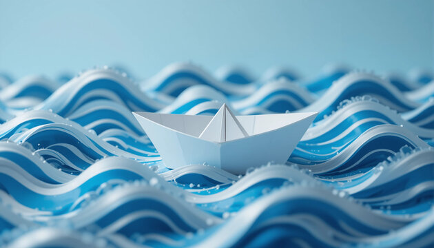 A paper boat sails on blue and white stylized striped waves. 