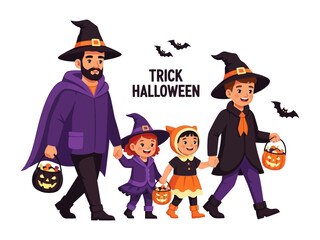 Halloween Gathering: A family, dressed in creative Halloween costumes, walks together. They are heading out for Trick or Treat with bags full of candy.
