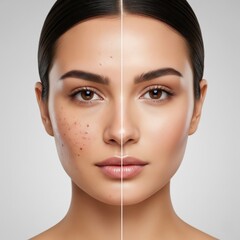 Woman's face before and after acne and skin problem treatment.