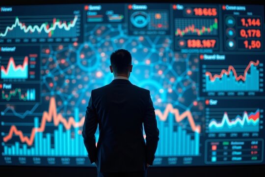 Businessman Analyzing Vibrant Financial Dashboard on Giant Digital Screen