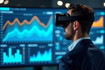 Businessman Immersed in Virtual Reality, Analyzing Financial Analytics on Giant Digital Screen