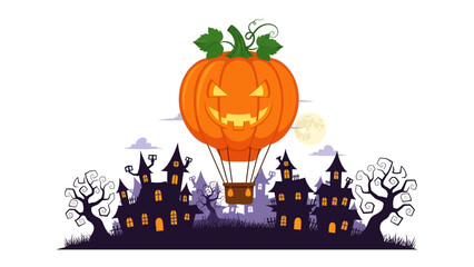 Halloween Pumpkin Hot Air Balloon Ride: A whimsical Halloween illustration showcases a spooky hot air balloon shaped like a grinning pumpkin.
