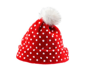 A festive red christmas hat with white polka dots and a fluffy white pompom on top, isolated on a transparent background, perfect for holiday celebrations and winter themes