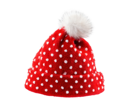 A festive red christmas hat with white polka dots and a fluffy white pompom on top, isolated on a transparent background, perfect for holiday celebrations and winter themes